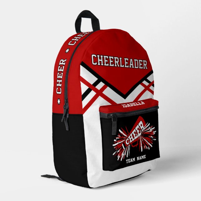 Personalise Cheerleader | Red, Black, White Printed Backpack (Back Corner Left)