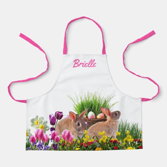 Personalise Children's Easter Bunny in Garden   Apron (Front)