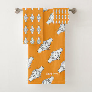 Personalise Child's Name Watch The Time Orange     Bath Towel Set