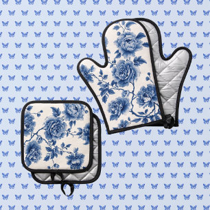 Personalise Chinoiserie Blue White Roses Oven Mitt & Pot Holder Set