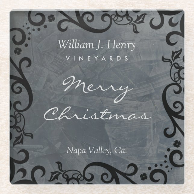 Personalise Christmas Black Scroll Wine Glass Coaster (Front)