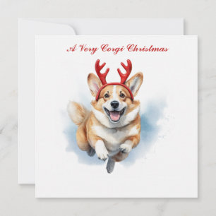 Personalise Christmas Corgi with Reindeer antlers  Card