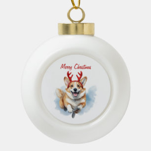 Personalise Christmas Corgi with Reindeer antlers Ceramic Ball Christmas Ornament