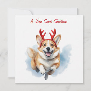 Personalise Christmas Corgi with Reindeer antlers  Holiday Card