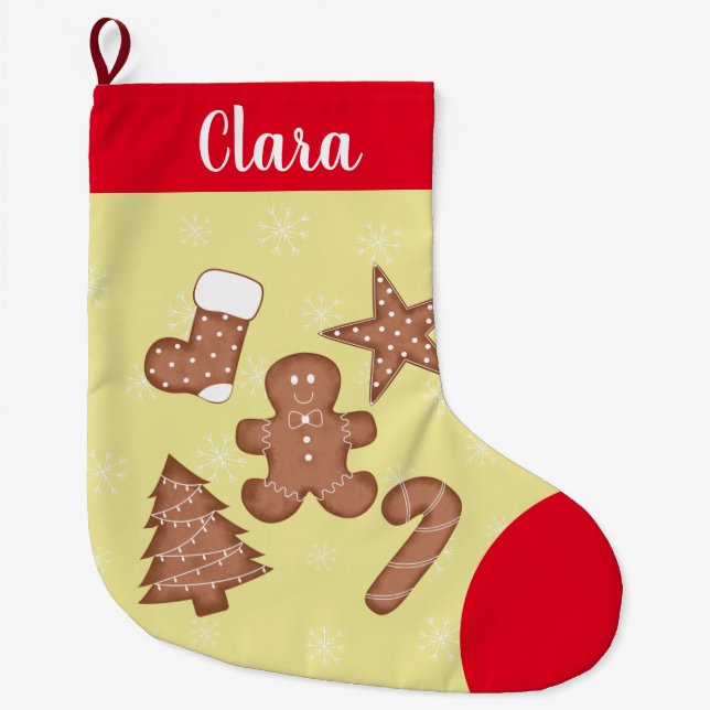 Personalise Christmas gingerbread cookies Large Christmas Stocking (Front)