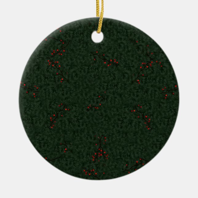 Personalise Christmas Pine Needles/Red Berries Ceramic Tree Decoration (Front)