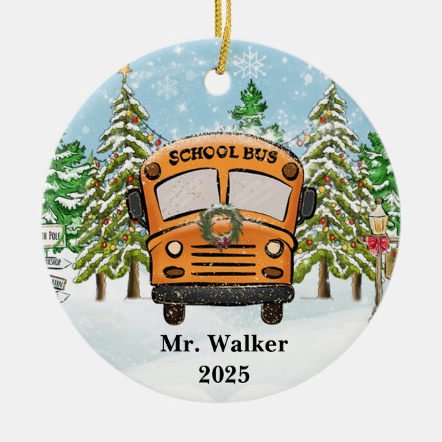 Personalise Christmas School Bus Driver Gift Ceramic Tree Decoration (Front)