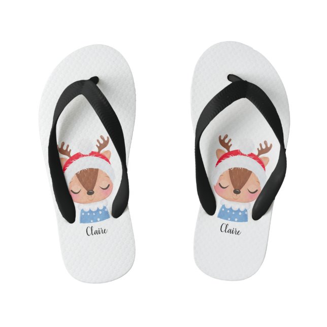 Personalise Christmas Sleeping Reindeer Face Kid's Flip Flops (Footbed)
