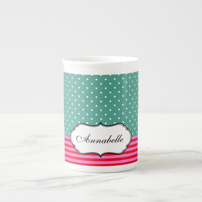 Personalise Classic Polkadots Stripes Teal Pattern Bone China Mug (Front)