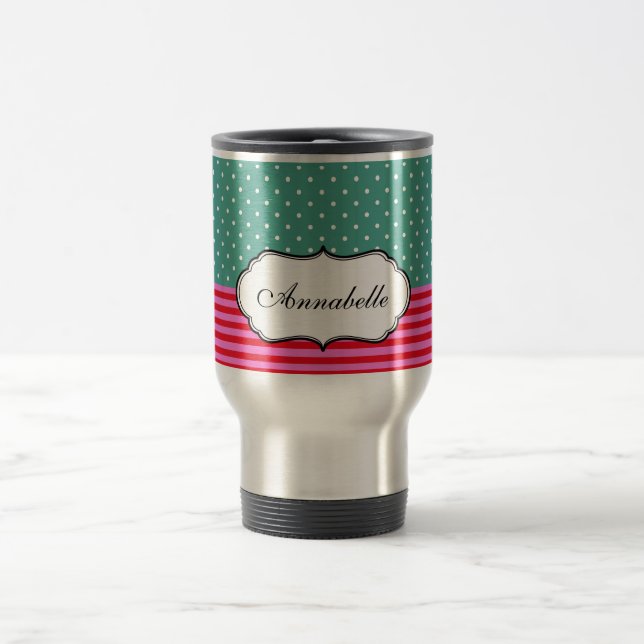 Personalise Classic Polkadots Stripes Teal Pattern Travel Mug (Center)
