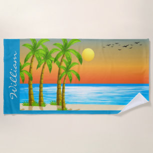 Personalise Coastal Landscape Birds Palm Trees Sun Beach Towel
