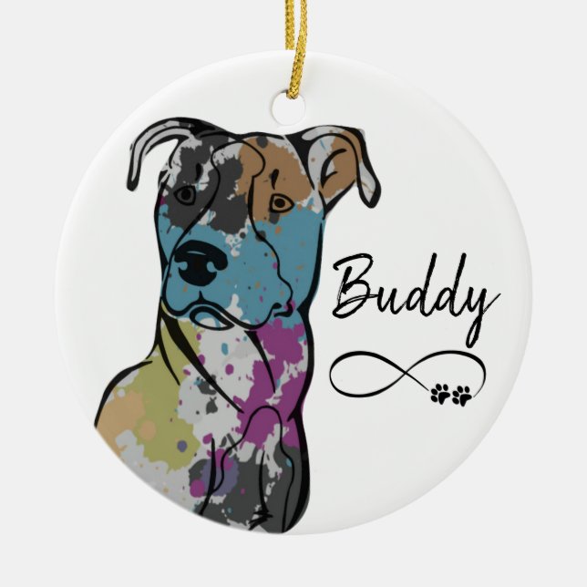 Personalise Colourful Painted Pitbull Dog Ceramic Tree Decoration (Front)