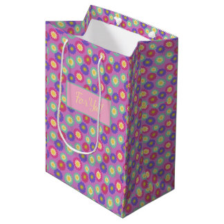 Personalise Colourful Retro Floral Purples & Pinks Medium Gift Bag