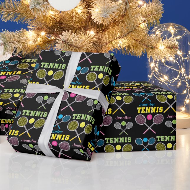 Personalise - Colourful Tennis Rackets and Balls Wrapping Paper (Holidays)