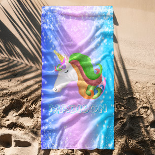 Personalise Colourful Unicorn Glitter Beach Towel