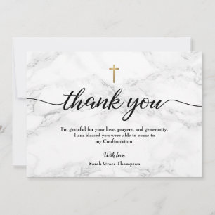 Personalise Confirmation Grey Marble Gold cross Thank You Card