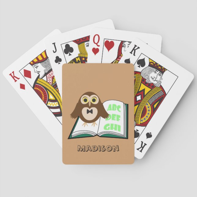 Personalise Cool Cute owl with Alphabet book Playing Cards (Back)