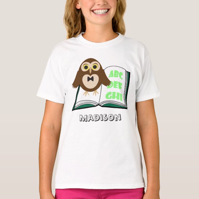 Personalise Cool Cute owl with Alphabet book T-Shirt (Front)