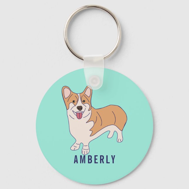Personalise Corgi Dog Mint Green Key Ring (Front)