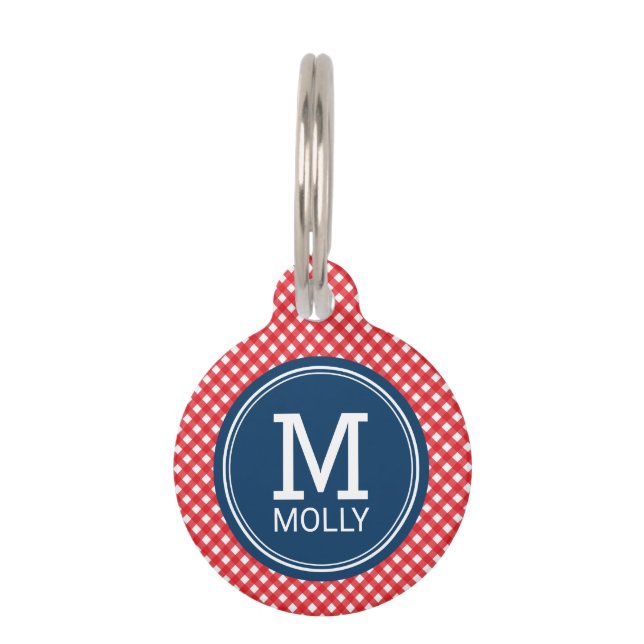 Personalise Country Picnic Red Gingham Monogram Pet Tag (Front)