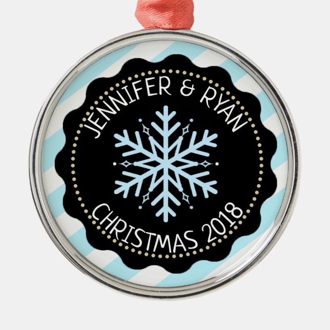 Personalise Couple's Blue Black White Snowflake Metal Tree Decoration (Front)