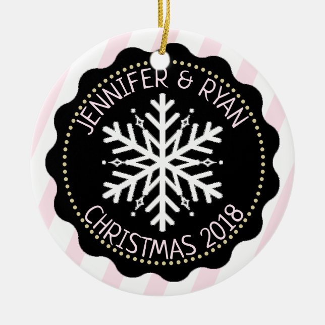 Personalise Couple's Photo Black White Snowflake Ceramic Tree Decoration (Front)