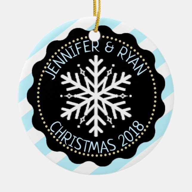 Personalise Couple's Photo Black White Snowflake Ceramic Tree Decoration (Front)