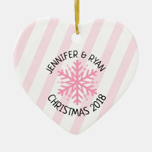Personalise Couple's Photo Pink White Snowflake Ceramic Tree Decoration
