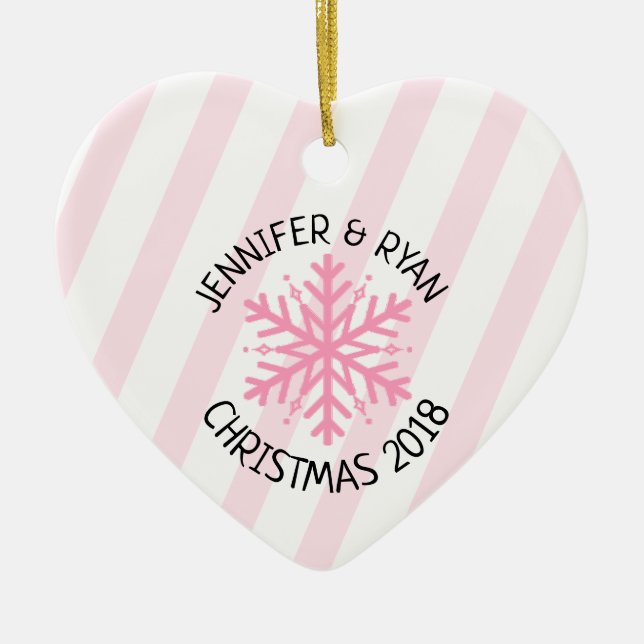 Personalise Couple's Photo Pink White Snowflake Ceramic Tree Decoration (Front)