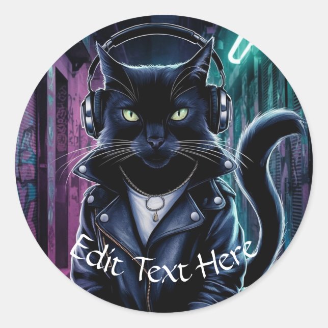 Personalise Custom Black Cool Cat Headphones DJ Classic Round Sticker (Front)