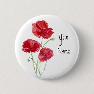 Personalise - Custom -Red Poppies - Watercolor 6 Cm Round Badge
