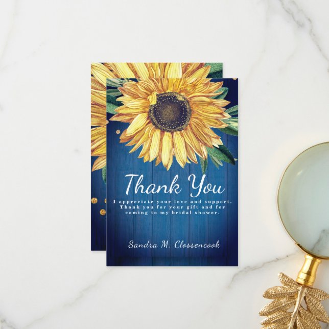 Personalise Custom Rustic Blue Sunflower Barn Wood Thank You Card (Front/Back In Situ)