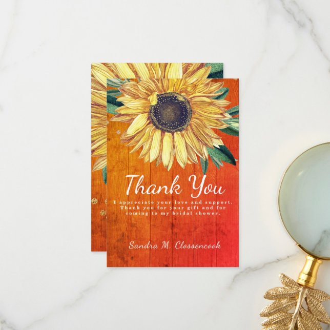 Personalise Custom Rustic Chic Sunflower Barn Wood Thank You Card (Front/Back In Situ)