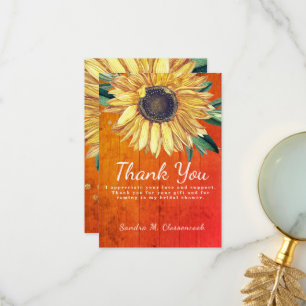 Personalise Custom Rustic Chic Sunflower Barn Wood Thank You Card
