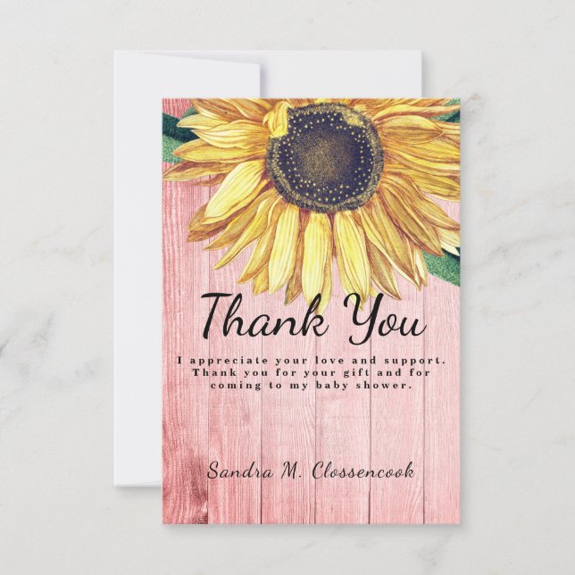 Personalise Custom Rustic Chic Sunflower Barn Wood Thank You Card (Front)