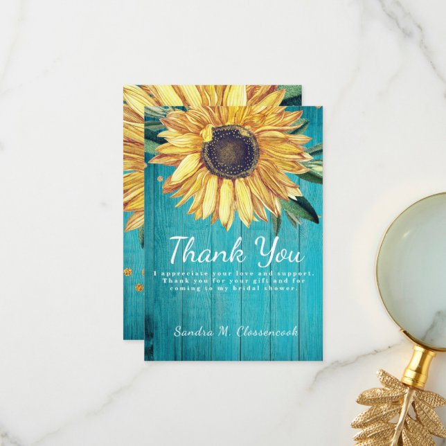 Personalise Custom Rustic Chic Sunflower Barn Wood Thank You Card (Front/Back In Situ)