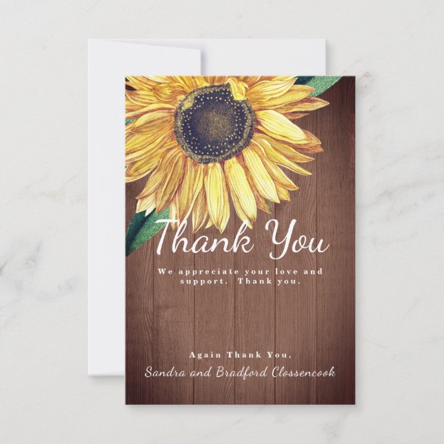 Personalise Custom Rustic Chic Sunflower Barn Wood Thank You Card (Front)
