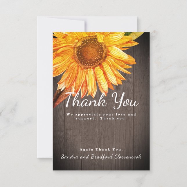 Personalise Custom Rustic Sunflower Brown Wood Thank You Card (Front)