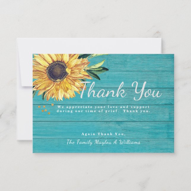 Personalise Custom Rustic Sunflower Sympathy Thank You Card (Front)