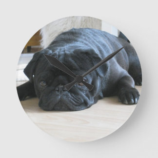 Personalise cute black Pug Puppy accessories name Round Clock