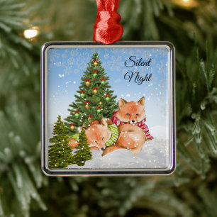 Personalise Cute Christmas Fox Animal  Holiday Metal Tree Decoration
