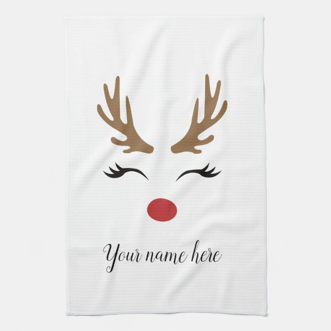 Personalise Cute Christmas Reindeer Face Tea Towel (Vertical)