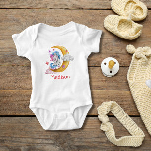Personalise Cute Girly Unicorn Moon Clouds Pink  Baby Bodysuit