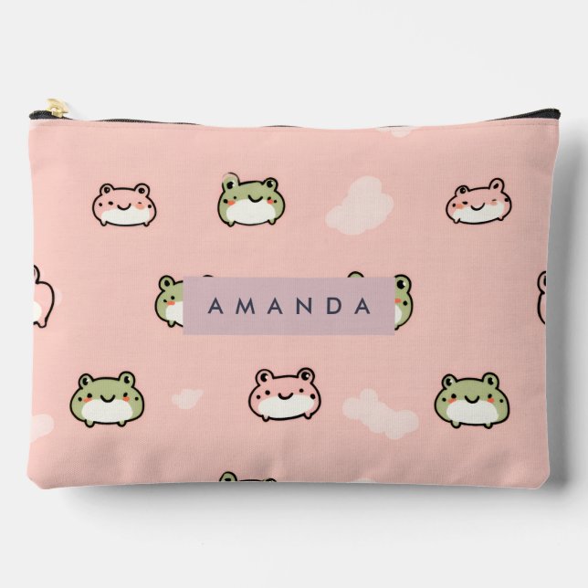 Personalise Cute Kawaii Pastel Frog Design on Pink Accessory Pouch (Front)