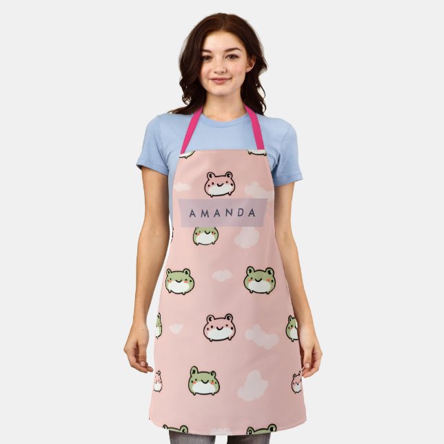 Personalise Cute Kawaii Pastel Frog Design on Pink Apron (Worn)