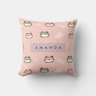 Personalise Cute Kawaii Pastel Frog Design on Pink Cushion