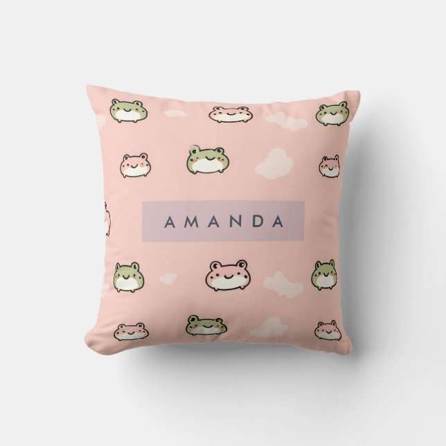 Personalise Cute Kawaii Pastel Frog Design on Pink Cushion (Front)