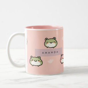Personalise Cute Kawaii Pastel Frog Design on Pink Two-Tone Coffee Mug