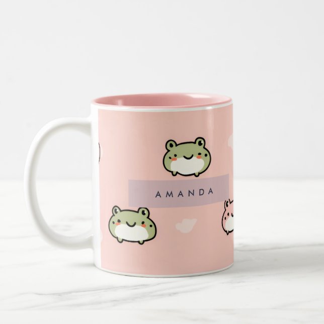 Personalise Cute Kawaii Pastel Frog Design on Pink Two-Tone Coffee Mug (Left)