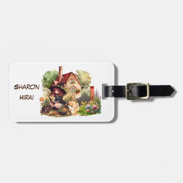 Personalise | Cute Little Witch And Fox Luggage Tag (Front Horizontal)